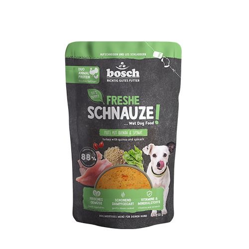 Bosch Freshe Schnauze Nassfutter Pute mit Quinoa & Spinat 250g (Menge: 8 je Bestelleinheit) Bosch Freshe Schnauze Nassfutter Pute mit Quinoa & Spinat 250g (Menge: 8 je Bestelleinheit)