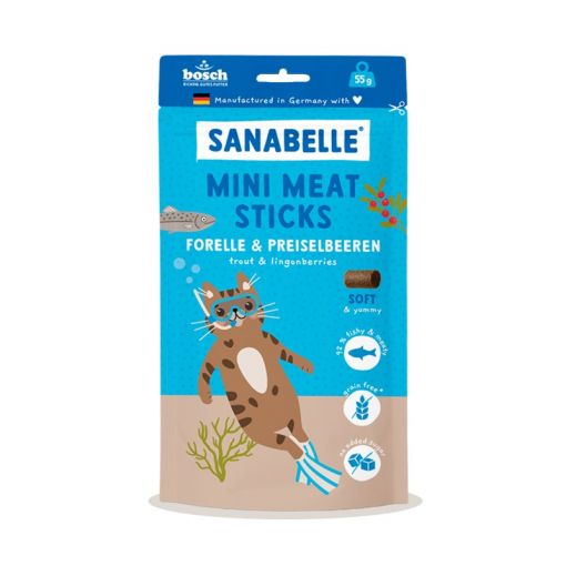 Sanabelle Snack Mini Meat Sticks Forelle & Preiselbeeren 55g (Menge: 7 je Bestelleinheit) Sanabelle Snack Mini Meat Sticks Forelle & Preiselbeeren 55g (Menge: 7 je Bestelleinheit)