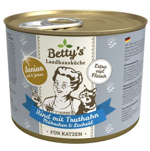 Bettys Landhausk&uuml;che Katze Dose Senior Rind mit Truthahn, M&ouml;hrchen & Lachs&ouml;l 200g (Menge: 6 je Bestelleinheit)