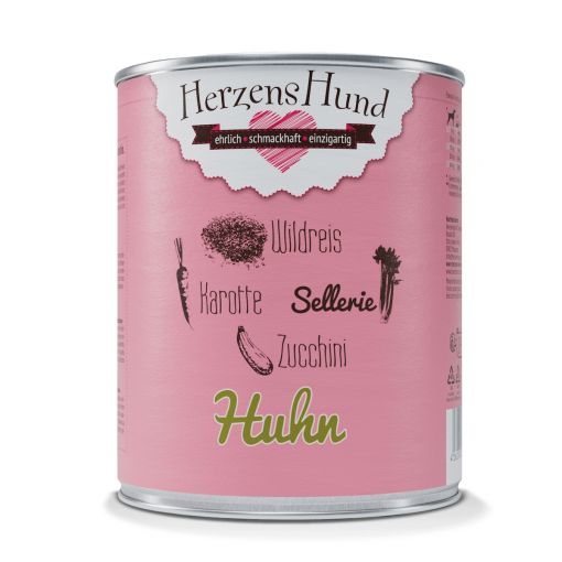 Herzenshund Huhn mit Wildreis, Karotte, Sellerie, Zucchini, Lein&ouml;l 800g (Menge: 6 je Bestelleinheit)