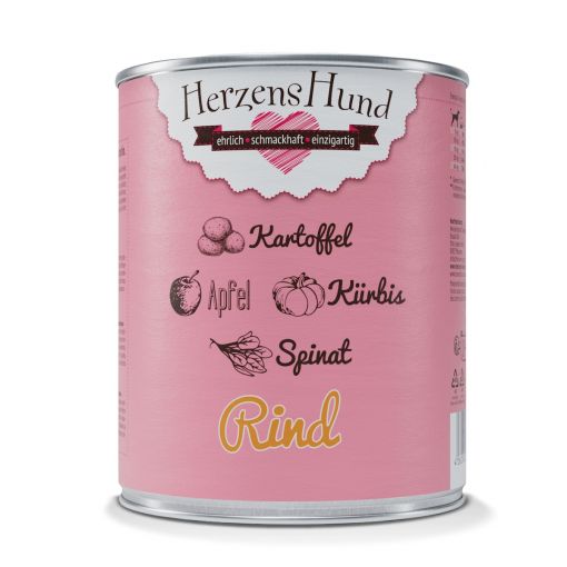 Herzenshund Rind mit Kartoffel, K&uuml;rbis, Apfel, Spinat, Lein&ouml;l 800g (Menge: 6 je Bestelleinheit)