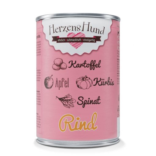 Herzenshund Rind mit Kartoffel, K&uuml;rbis, Apfel, Spinat, Lein&ouml;l 400g (Menge: 12 je Bestelleinheit)