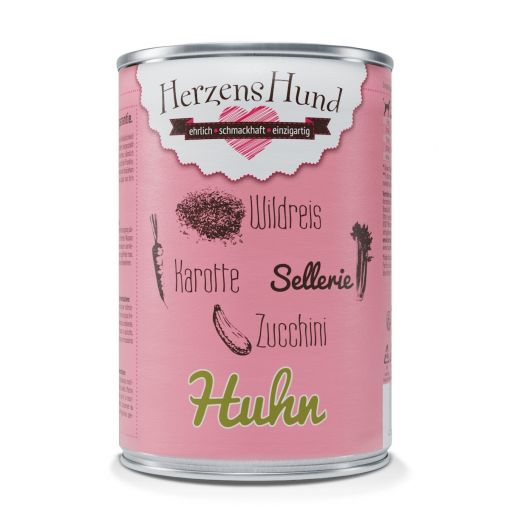 Herzenshund Huhn mit Wildreis, Karotte, Sellerie, Zucchini, Lein&ouml;l 400g (Menge: 12 je Bestelleinheit)