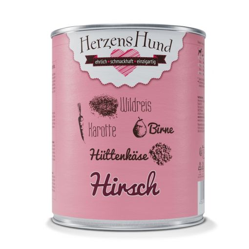 Herzenshund Hirsch mit Wildreis, Karotte, Birne, H&uuml;ttenk&auml;se, Lein&ouml;l 800g (Menge: 6 je Bestelleinheit)