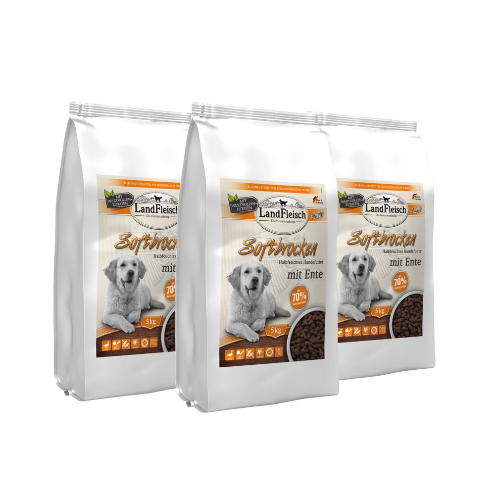 Landfleisch Dog Softbrocken Mit Ente 15 Kg (3x5kg) – Getreidefreies Hundefutter, 70% Frischgeflügel